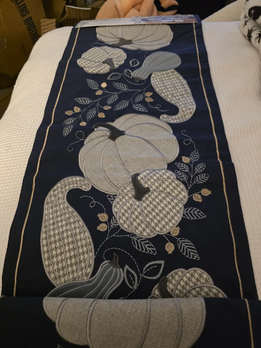 Shabby Chic Navy and Cream Pumpkin Embroidered Table Runner